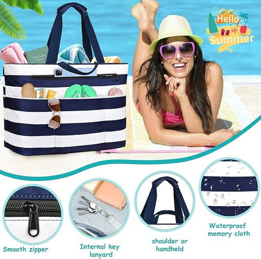 Extra Large Beach Bags for Women, Waterproof Sandproof Beach Tote Bag Zipper Foldable Swim Pool Bag with Wet Pocket