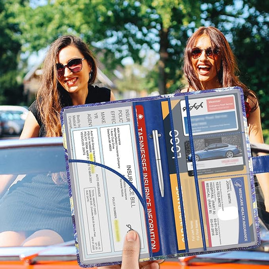 DMLuna Car Registration and Insurance Holder, Leather Vehicle Card Document Glove Box Organizer, Auto Truck Compartment Accessories for Essential Information, Driver License Cards, Starry Night