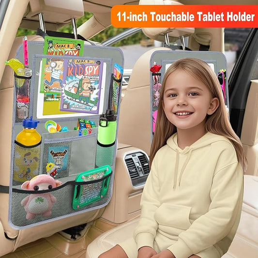 Car Backseat Organizer ，2 Pack Car Organizer Back Seat with 11" Tablet Holder, 10 Storage Pockets Seat Back Protectors Kick Mats for Kids Toddlers, Travel Accessories (Grey)