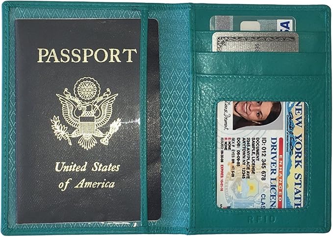 Personalized Monogrammed Teal Leather RFID Passport Wallet and Luggage Tag