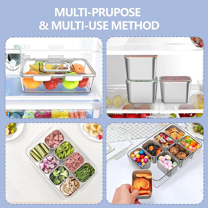2 Pack Snackle Box Container with 8 Removable Stainless Steel Containers – Clear Divided Serving Snack Tray with Lid & Handle – Leak-Proof for Wet/Dry Food – Perfect for Parties, Travel, Office