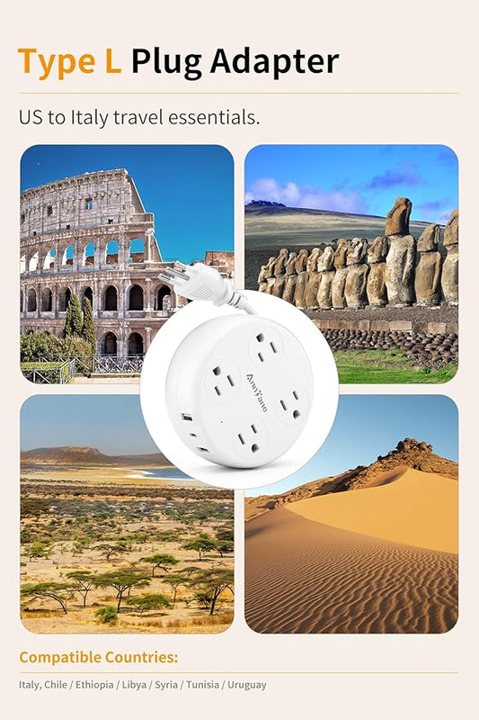 Italy Travel Adapter with USB C, US to Italy Plug Adapter with 4 Outlets 3 USB Ports, Type L Power Adapter for US to Chile Ethiopia Libya Syria Tunisia Uruguay (White)