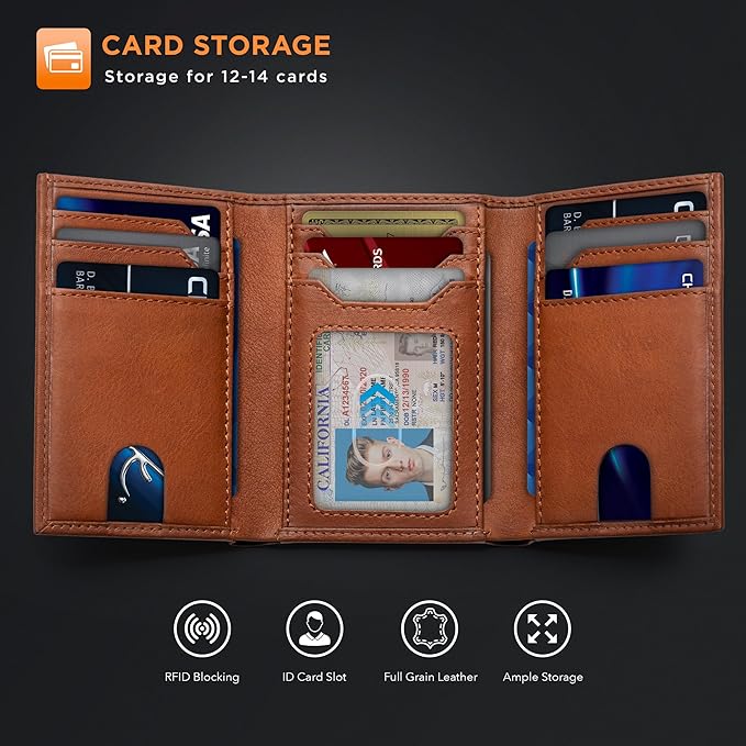 SERMAN BRANDS Trifold Wallet for Men - RFID Blocking Full Grain Leather, 11 Card Slots & ID Window, Slim Everyday Carry, Durable Stitching, Gift for Him