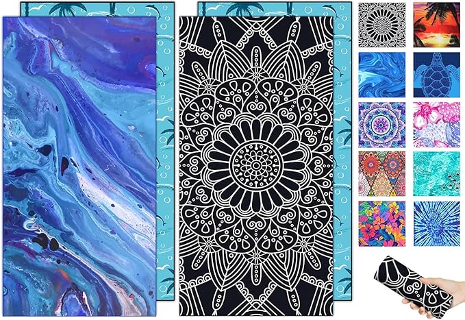 2 Packs Sand Proof Microfiber Beach Towels Adult –Quick Fast Dry Beach Oversized Accessories for Travel Swim Pool Yoga Camping Blanket Essentials Lightweight Must Haves Women Gifts Mandala Galaxy