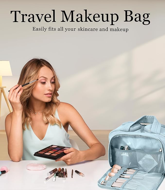 Travel Toiletry Bag for Women, Large Wide-open Puffy Cosmetic Makeup Bag with Wet-Dry Separation, Multi-Pocket Organizer with Carry Handle for Toiletries, Cosmetics, Essentials, Light Blue