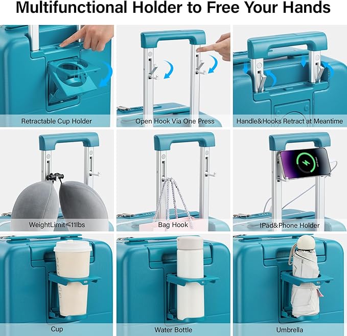 Hanke 24 Inch Luggage with Cup Holder and Charge,Top Opening Hard Shell Suitcases with Wheels and Dividers,Aluminum Frame Trunk Luggage Medium Checked Suitcase with Lock for Travel,Caribbean Blue