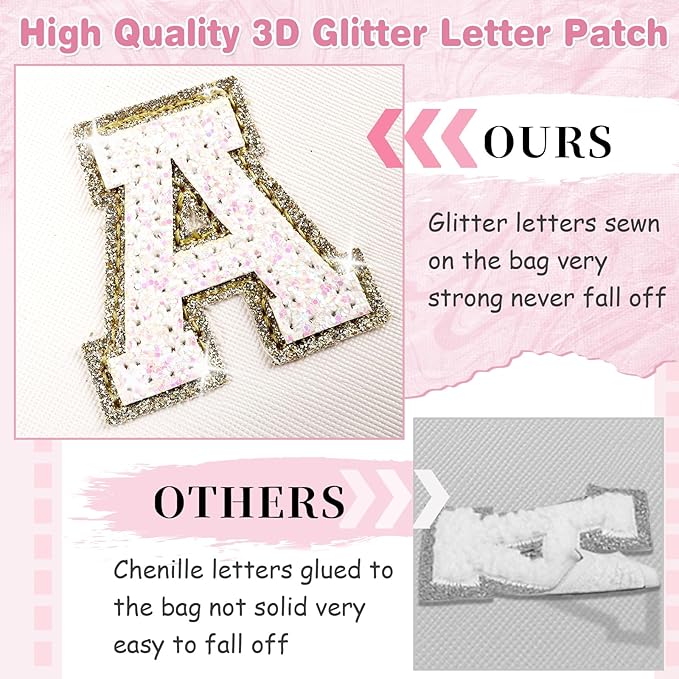 Small Initial Patch Makeup Bag Personalized Gifts Make Up Bag,White Cute PU Leather Glitter Letter Cosmetic Bag with Zipper,Trendy Portable Travel Toiletry Pouch,Preppy Stuff for Teen Girls Women R