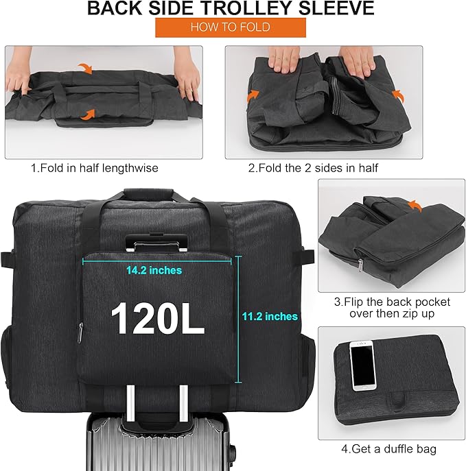 Large Travel Duffle Bag for Men Women, 80L 100L 120L Foldable Waterproof Duffle Bag, Packable Bag with Shoes Compartment for Overnight Gym Weekender Bag (Black, 120L)