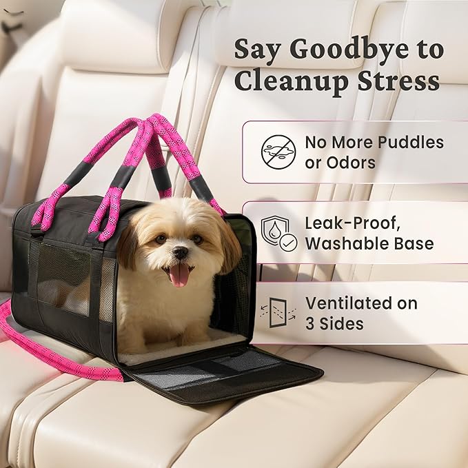 FLUFFY COMMUTE™ TSA Airline Approved Dog Carrier | Soft-Sided | Fits Small Dogs & Pets Up to 15 lbs & 17” Long × 11” Tall | Black w/Pink Handle