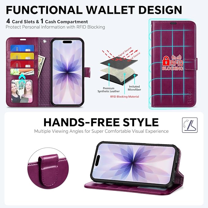 TUCCH Detachable Case Wallet for iPhone 17 (6.3") 2025, Wrist Strap | 4 Card Slots RFID Blocking | Wireless Charging | Stand | 2-in-1 Magnetic | PU Leather | Shockproof Folio Cover | Plum Purple