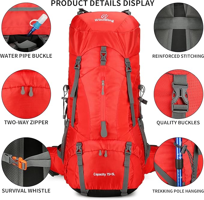 75L Hiking Backpack with Rain Cover Waterproof Camping Backpack Shoes Warehouse for Men Women, Frameless