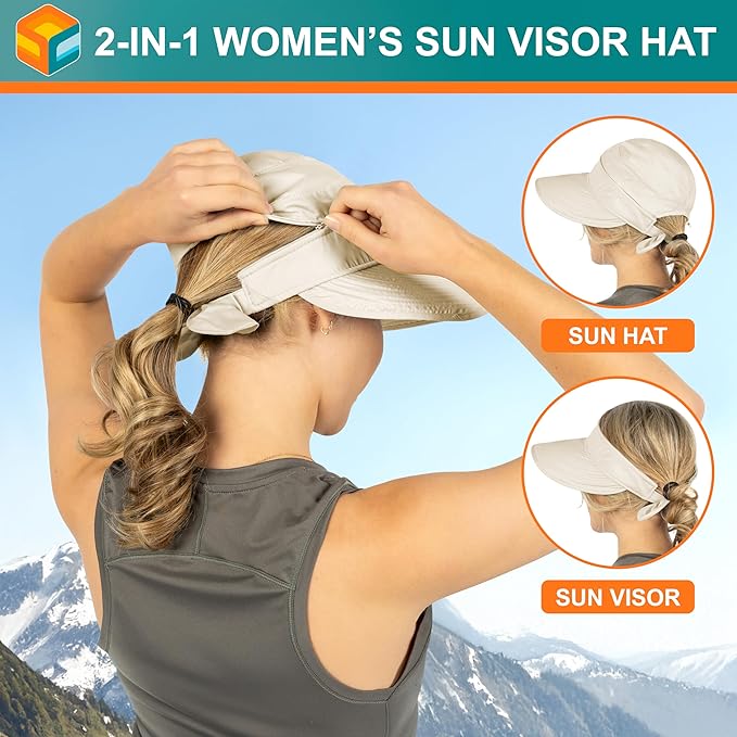 SUN CUBE Women Sun Hat for Outdoor UV Protection, Wide Brim Sun Hat Ponytail, Convertible Zip-Off Beach Hat Visor