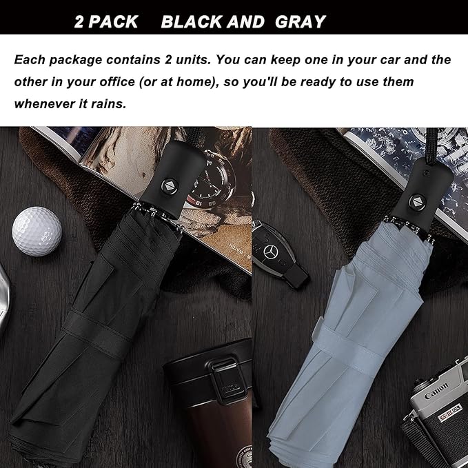 SIEPASA Two Packs Auto Open & Close Small Travel Umbrella Compact for Backpack-Umbrellas for Rain, Windproof Lightweight Strong Mini Portable Umbrellas for Men and Women.& Black, 2 Pack