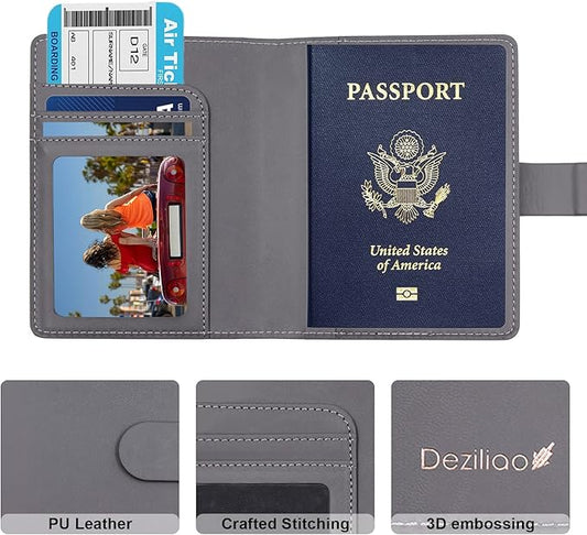 Deziliao Passport Wallet, Gray, Unisex, Faux Leather, Waterproof, Slim, Lightweight, RFID Blocking, 2-in-1 Design, with Document Slots, Credit Card Slots, SIM Card Slots