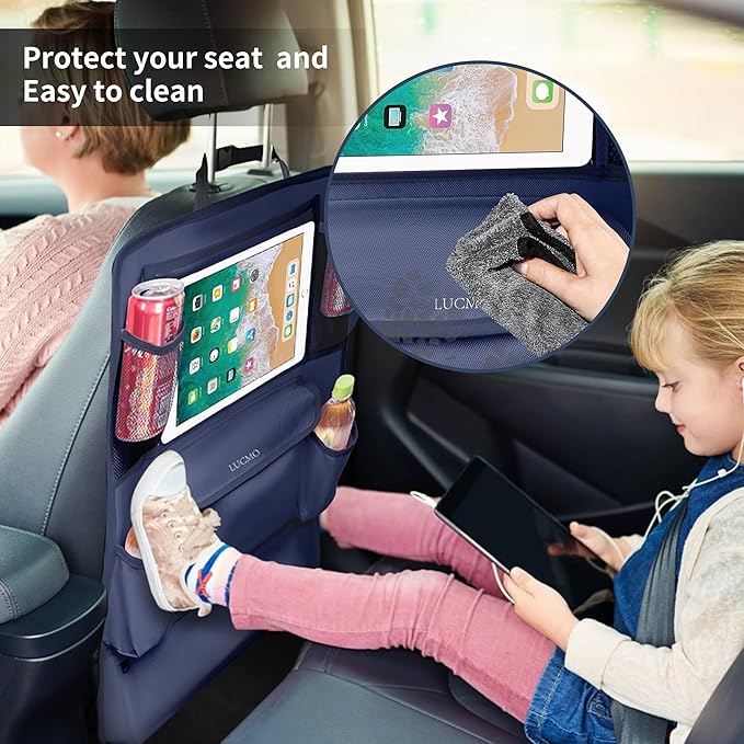 LUCMO Car Backseat Organizer with Touch Screen Tablet Holder,9 Storage Pockets Car Storage Organizer,Protectors Kick Mats Travel Accessories for Kids-Dark Blue