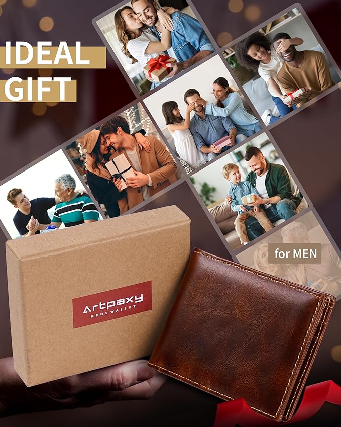 Artpaxy Mens Wallet Bifold Genuine Leather RFID Blocking Wallet for Men with 2 ID Windows 12 Card Holders 2 cash pockets 1 Gift Box
