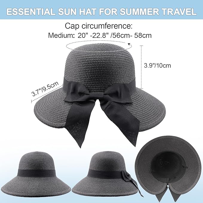 DRESHOW Sun Hats for Women Travel Fedora Foldable Beach Sun Hat Summer Wide Brim Straw Bucket Hat with Bowknot UPF 50+