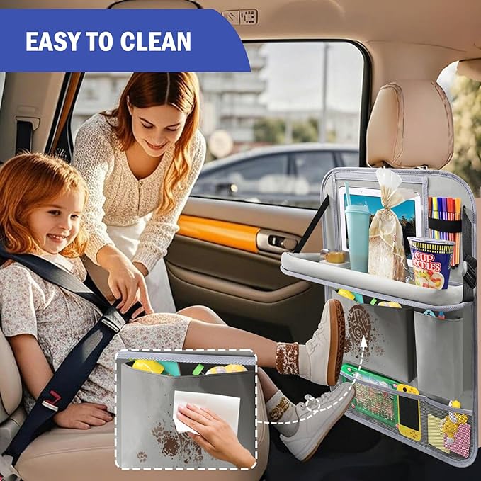 Car Backseat Organizer with Tablet Holder,6 Storage Pockets Car Storage Organizer with Foldable Food Tray,Kick Mats Backseat Protector Travel Accessories (Grey)