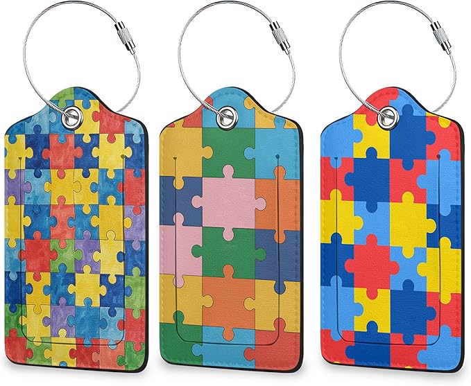 Jigsaw Puzzle 3 Pack Luggage Tag for Suitcase, Unique Leather Travel Tags Identifiers with Privacy Name Address Labels & Durable Steel Loop for Women Men Travel