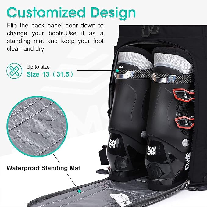 Ski Boot Bag, 55L/70L Waterproof Ski and Snowboard Boots Travel Backpack for Skis, Snowboard, Ski Helmet, Goggles, Gloves & Accessories