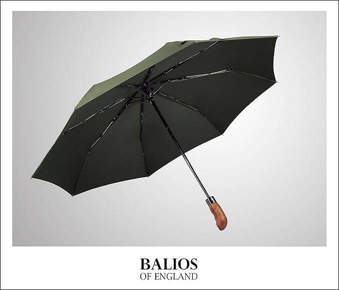 Balios Prestige Travel Folding Umbrella, Handmade Wood Handle, Auto Open & Close