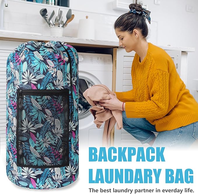 Portable with Adjustable Shoulder Straps Travel Dirty Laundry Bag,with Drawstring Closure & Mesh Pocket Backpack Laundry Bag for College,Apartment,Camping(Green Leaf)