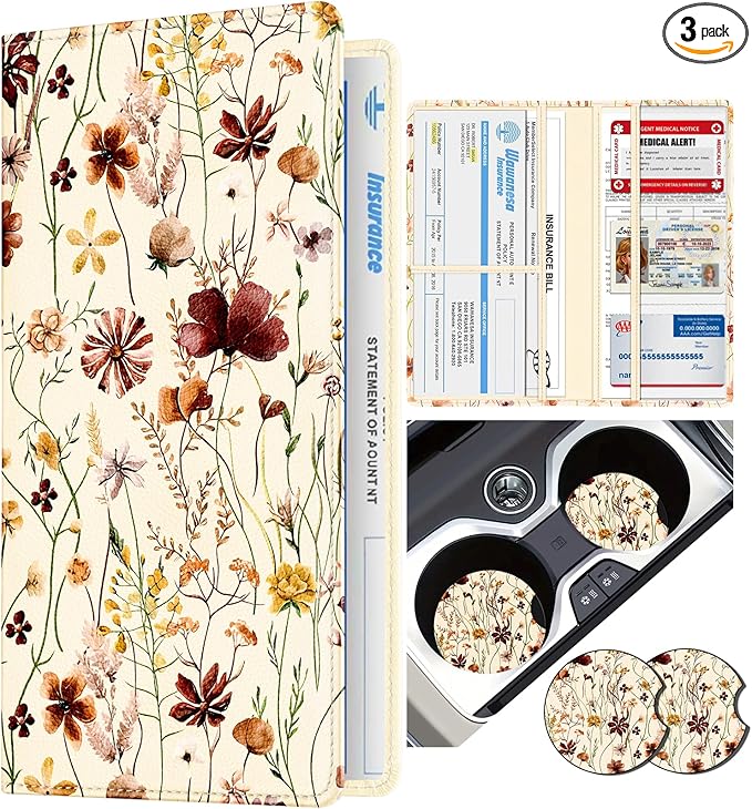 Slohif Car Registration and Insurance Card Holder with Magnetic Shut - Vehicle Glove Box Organizer Women Leather Automobile License Holders Coasters Auto Accessories Case for Document,Vintage Flower