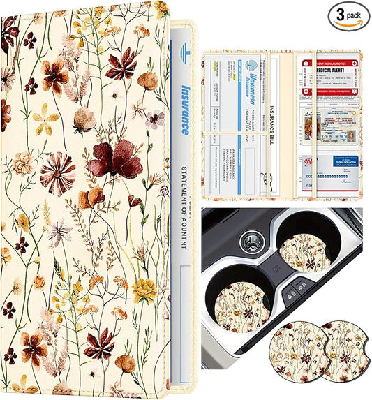 Slohif Car Registration and Insurance Card Holder with Magnetic Shut - Vehicle Glove Box Organizer Women Leather Automobile License Holders Coasters Auto Accessories Case for Document,Vintage Flower