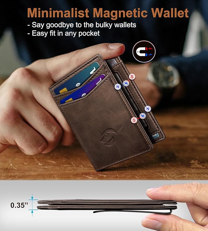 Housmai Magnetic Closure Slim Wallet with Money Clip Gift Boxed,Genuine Leather Front Pocket Wallet for Men, 3.9"x 2.11", RFID Blocking