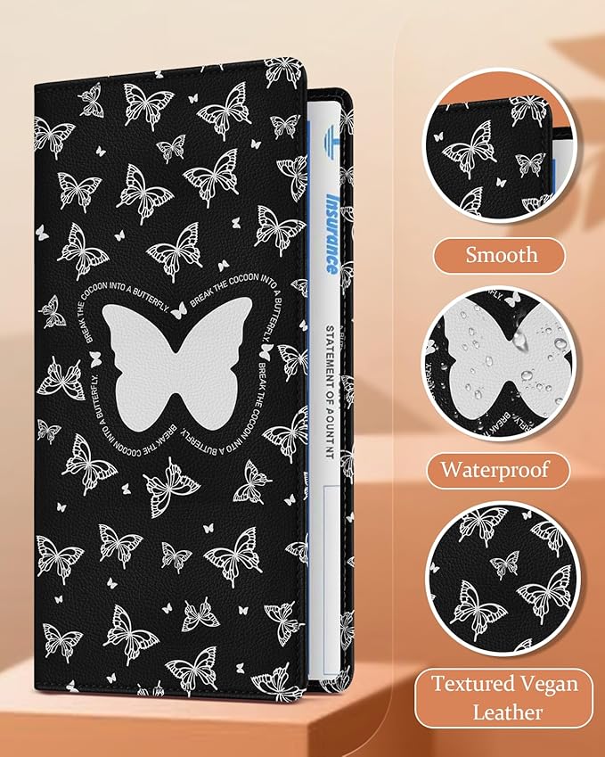 Slohif Car Registration and Insurance Card Holder - Butterfly Vehicle Glove Box Organizer Women with Magnetic Shut Leather Automobile License Holders Coasters Auto Accessories Case for Document