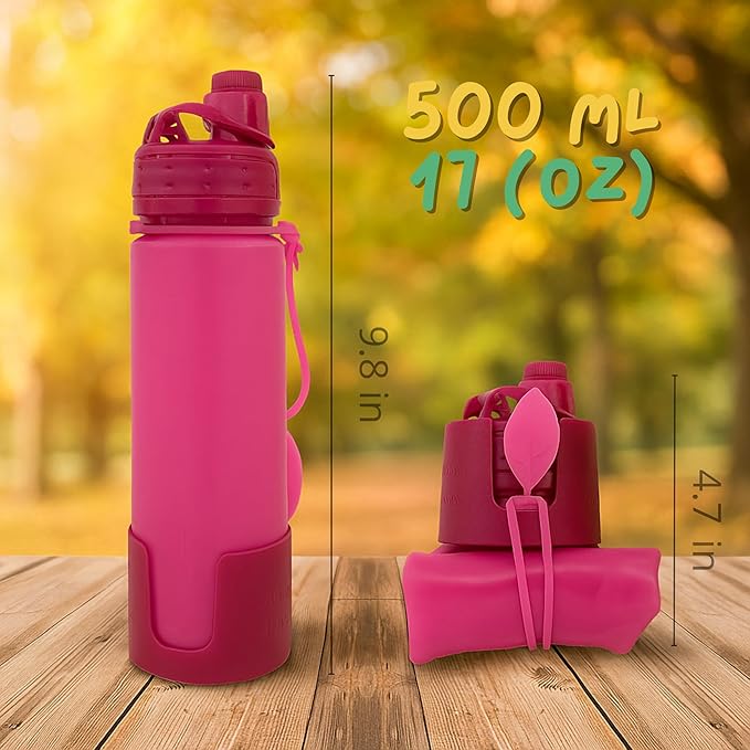 Collapsible Water Bottles Travel Water Bottle Silicone Water Bottle Foldable Lightweight Portable Leakproof & Reusable perfect for Gym Hiking Camping 500ml 17oz - BPA free - (pink)