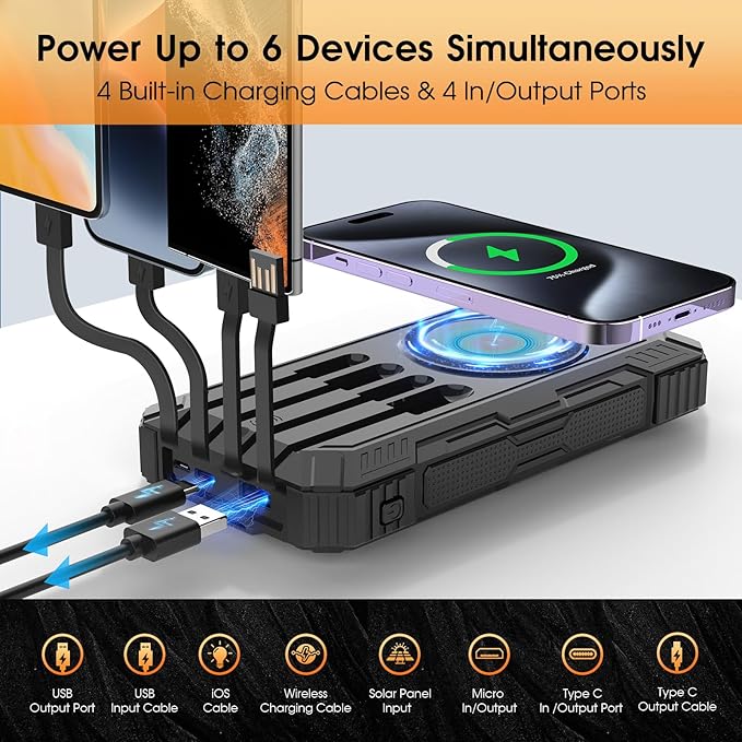 Solar Charger 49800mAh Power Bank - Wireless Portable Phone Charger with 4 Built-in Cable,22.5W Fast Charging Battery Pack USB C in/Output for All Cell Phone iPhone,Galaxy,Android,Etc(Black)