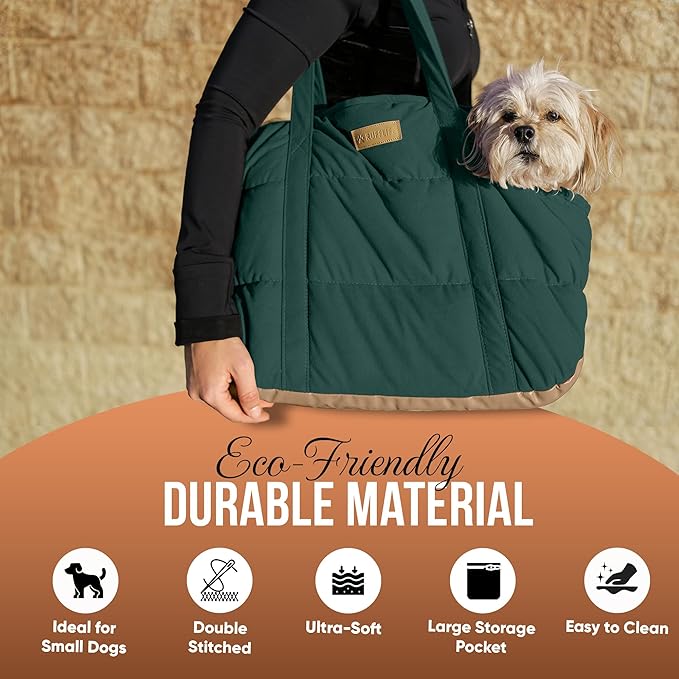 NoblePup Plush Dog Purse Carrier for Small Dogs, Soft Dog Tote Bag with Safety Harness Clip, Cozy Pet Carrier for Dogs Under 15 lbs, Comfortable Dog Shoulder Carrier for Travel, Green