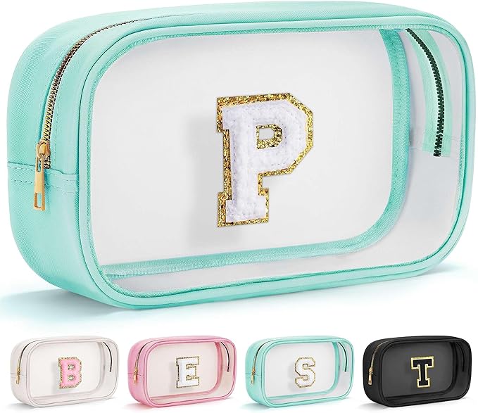 YOOLIFE Initial Make Up Bag Travel Toiletry Bag, Clear Makeup Bag With Zipper Preppy Cosmetic Bag Swim Gifts For Girls Gifts for Women Teen Girlfriend Teacher Mom Birthday Daughter Gifts Blue P