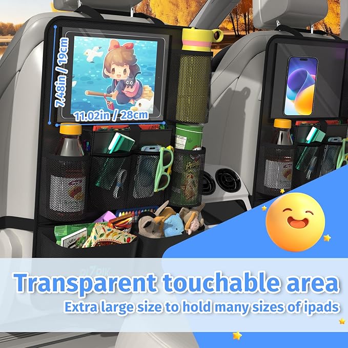 Car Backseat Organizer with Tablet Holder,11 Storage Pockets with Foldable Food Tray, Protector Kick Mats for Kids, Travel Accessories Organizer (Black, 2Pack)