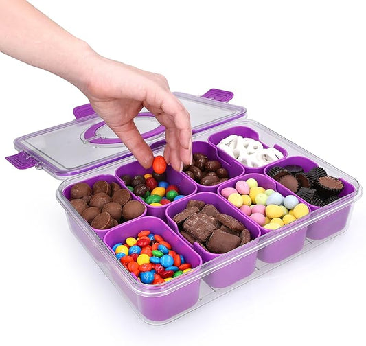 Snackle Box Container with Lid- Travel Charcuterie Box with Handle - Organizer for Candy, Fruit, Nuts, Veggies, Snacks, Beach Essentials, Portable Lunch Box (Purple, Large)