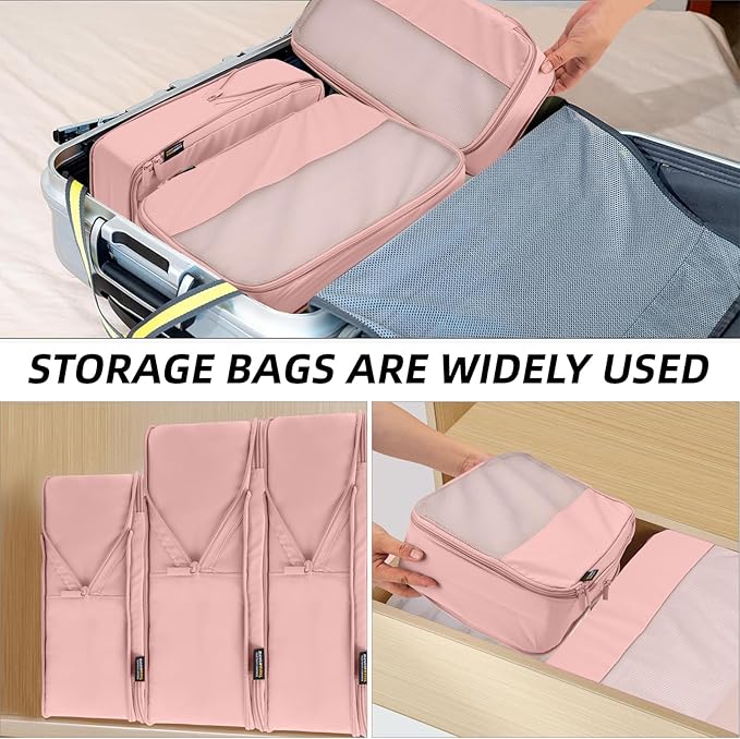 4 Piece Compression Packing Cubes for Suitcases and Backpack, Lightweight Travel Organizers (Light Pink)