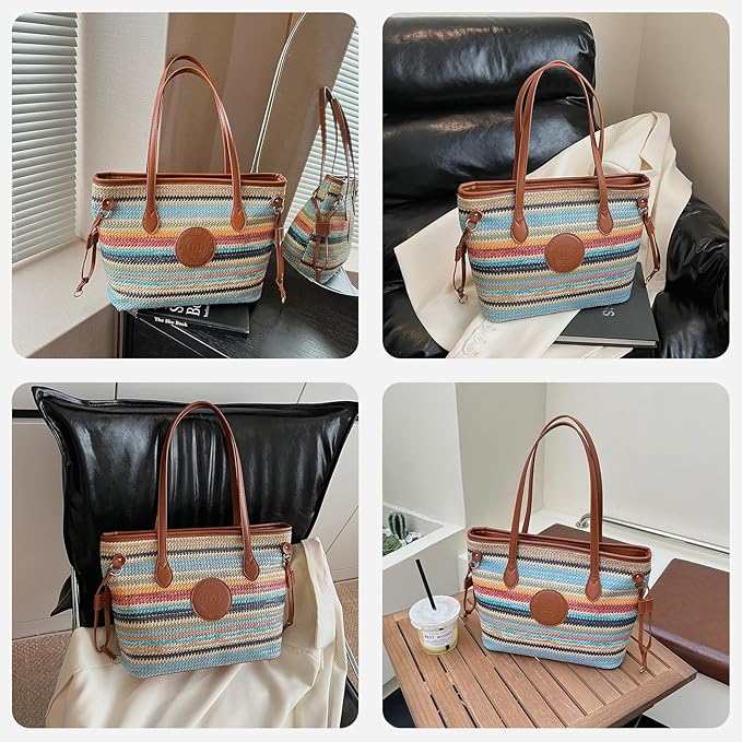 ZOCILOR Women's Straw Shoulder Tote Bag with PU Leather Trim, Large Woven Beach Handbag, Lightweight Casual Summer Purse