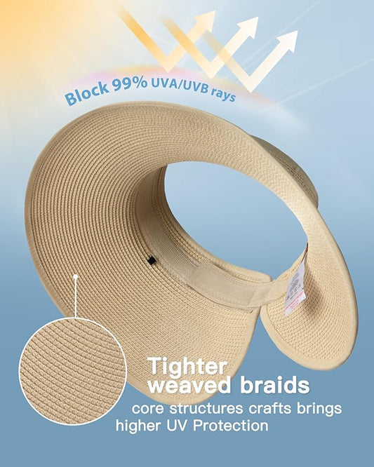 FURTALK Sun Hats for Women Wide Brim Beach Hat Straw Visor Ponytail Summer UV Packable Foldable Beach Vacation Essentials