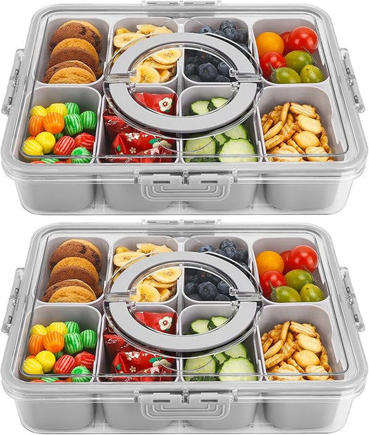 shopwithgreen 2Pcs Snackle Box Container, Divided Serving Tray with Lid and Handle, Snack Box Container Food Platter Charcuterie for Party, Veggies, Snack, Fruit, Nuts, Entertaining, Picnic,Gray