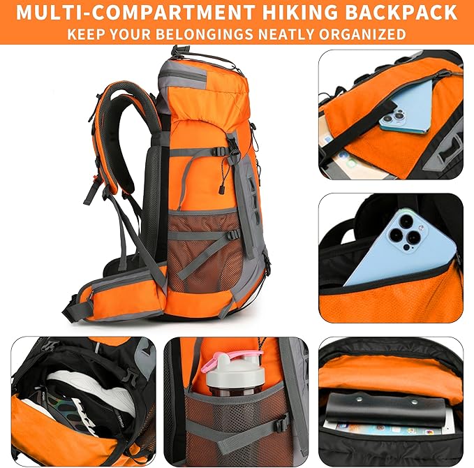 75L Hiking Backpack with Rain Cover Waterproof Camping Backpack Shoes Warehouse for Men Women, Frameless
