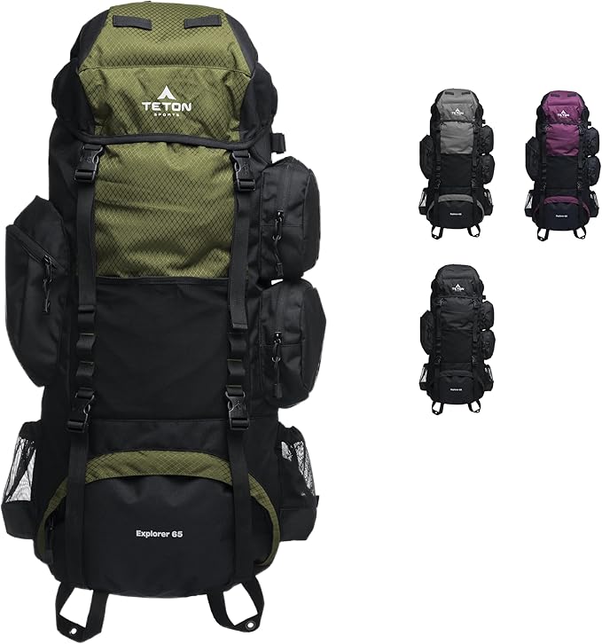 Teton 65L Explorer Internal Frame Backpack for Hiking, Camping, Backpacking, Rain Cover Included, Olive