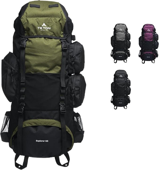 Teton 65L Explorer Internal Frame Backpack for Hiking, Camping, Backpacking, Rain Cover Included, Olive