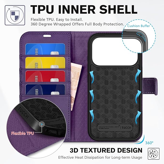 TUCCH Case Wallet for iPhone 17 Pro (6.3") 2025, Stand | RFID Blocking | 4 Card Holder | TPU Shockproof Inner Shell | PU Leather | Magnetic Closure Folio Protective Cover | Deep Purple