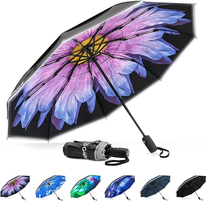 G4Free 42 Inch Eco Windproof Folding Umbrella for Rain & Sun 9 Ribs Wind Resistant Strong Fiberglass Double Canopy with Reflective Strip for Women Men Auto Open Close For Car & Backpack
