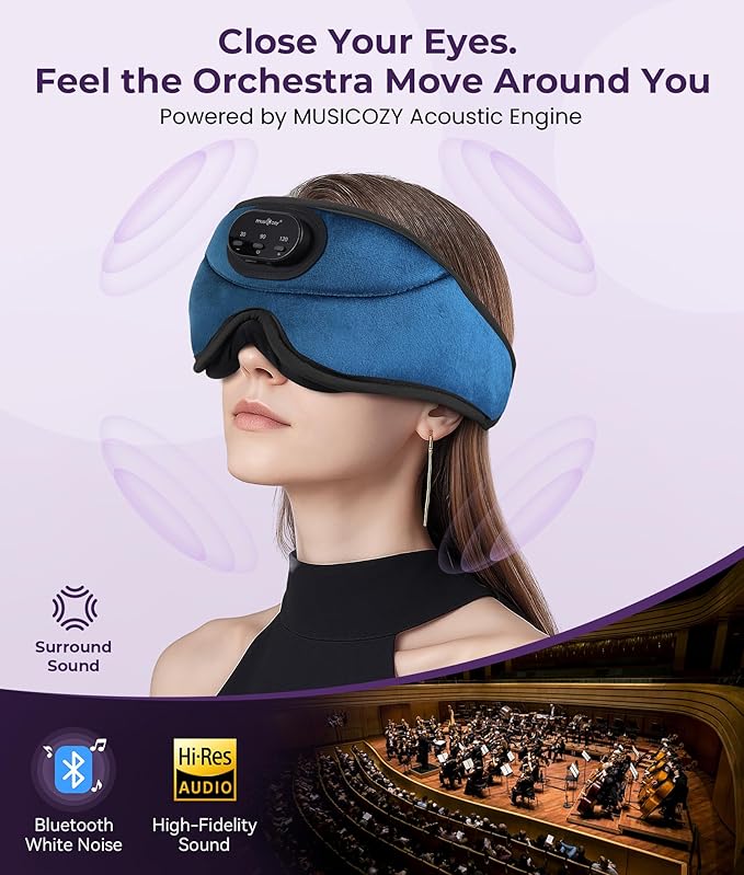 MUSICOZY 3D Bluetooth Sleep Mask with Headphones and Timer, Wireless Sleep Headphones for Side Sleepers, Eye Mask with Bluetooth Headphone, Blue