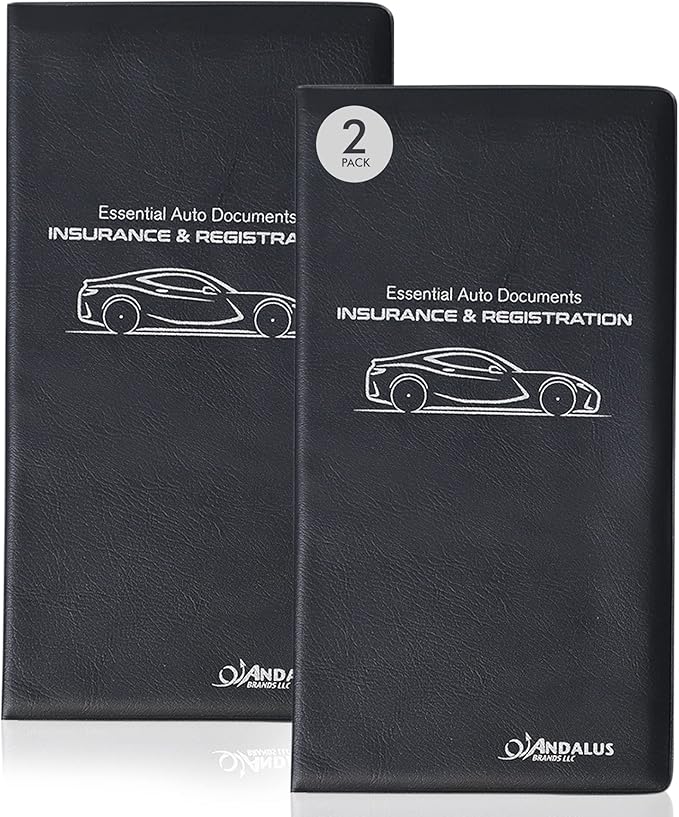 Andalus Auto Registration & Insurance Card Holder Pack of 2, Waterproof Essential Car Registration Holder with Hook & Velcro Closure, Perfect for Every Vehicles Glove Boxes (Black - 9.5" x 5.15")