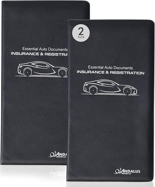 Andalus Auto Registration & Insurance Card Holder Pack of 2, Waterproof Essential Car Registration Holder with Hook & Velcro Closure, Perfect for Every Vehicles Glove Boxes (Black - 9.5" x 5.15")