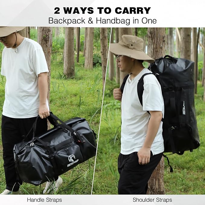 REDCAMP 80L Large Waterproof Duffel Bag, Rolltop Dry Backpack Duffle Bags with Quick-fixed Straps for Camping Motorcycle Boating Rafting Kayaking Paddle boarding, Black