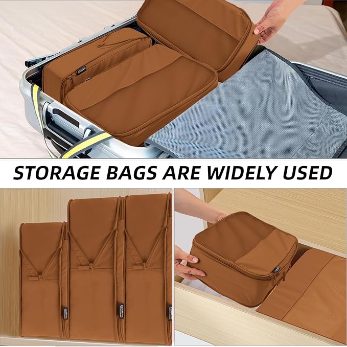 4 Piece Compression Packing Cubes for Suitcases and Backpack, Lightweight Travel Organizers (Light Brown)